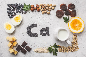 Healthy products sources of calcium. Top view, food background, Ca ingredients on a white background.