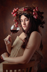  Beautiful girl with glass of red wine.