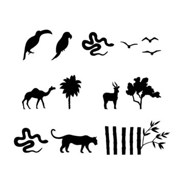 Set of vector black silhouettes with african animals and treeses isolated on white background. Tiger, snake, camel, tree, palm, birds, toucan, parrot, bamboo, antelope stickers