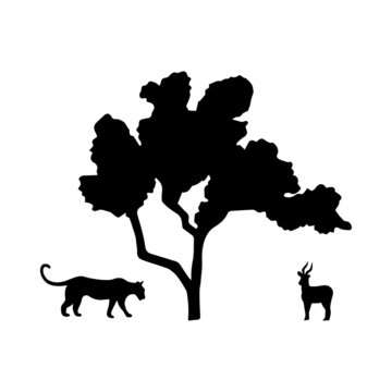 Composition of vector black silhouettes isolated on a white background. Predator and prey under the tree. Tiger and antelope. Wildcat