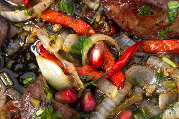 Fried chicken livers with onions.