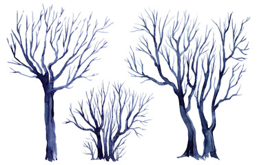 Watercolor set of tree silhouettes isolated on white background , silhouette of trees