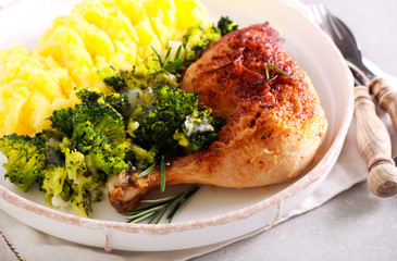 Dinner - rosemary chicken leg with broccoli and mashed potato