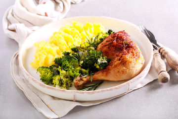 Dinner - rosemary chicken leg with broccoli and mashed potato