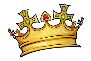 Golden crown mascot with colorful gem stones. Vector illustration isolated on white background. Good for logos, icons, posters, stickers.