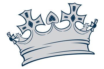 Golden crown mascot with gem stones. Black and white vector illustration isolated on white background. Good for logos, icons, posters, stickers.