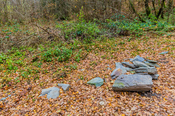 beautiful image of a set of slate stones in the middle of the path with many dry leaves in the forest on a wonderful autumn day in of the Belgian Ardennes