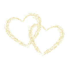 Gold sparkles glitter dust metallic confetti heart vector background.