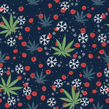 Seamless pattern with Christmas trees, snowflakes and cannabis leaves
