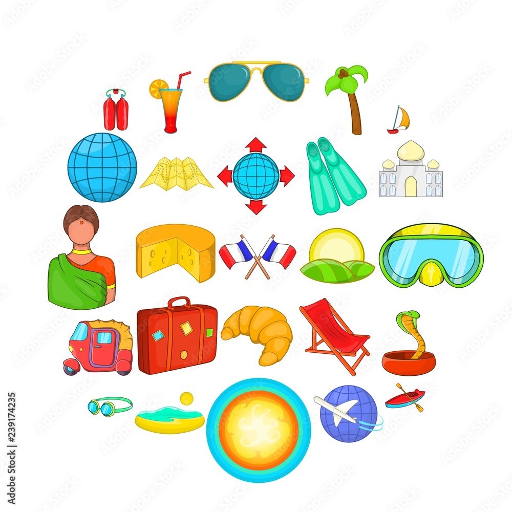Poster overseas icons set. cartoon set of 25 overseas vector icons for web isolated on white background