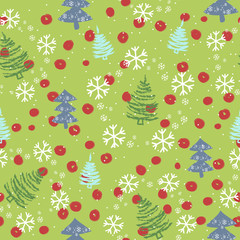 Seamless pattern with Christmas trees and snowflakes