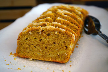Sliced sweet pumpkin banana bread loaf