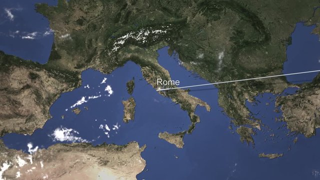 Commercial airplane flying to Rome, Italy, 3D animation 