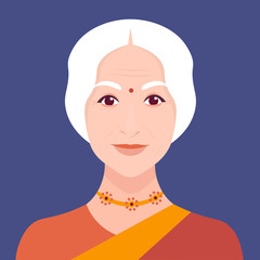 Avatar of Indian woman in a sari. Elderly female portrait. Face grandmother. Vector flat illustration