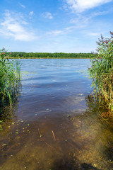 blue sky white clouds over calm body of water