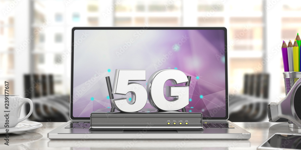 Poster 5g high speed network connection wifi router on computer laptop, blur business office background. 3d