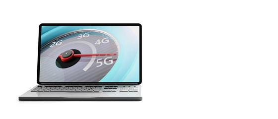 5G High speed network connection, speedometer on a computer laptop screen, isolated on white background, banner. 3d illustration