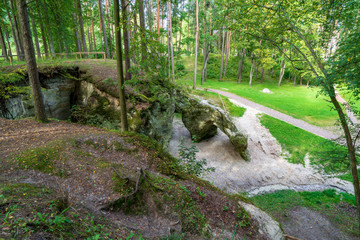 sandstone cliffs with tourist trail on river of gauja, Latvia