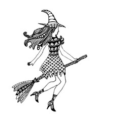 Hand drawn doodle Halloween witch. Black pen objects drawing. Design illustration for poster.