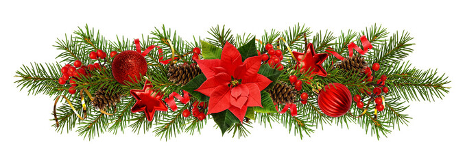 Evergreen twigs of Christmas tree  and decorations in a festive garland