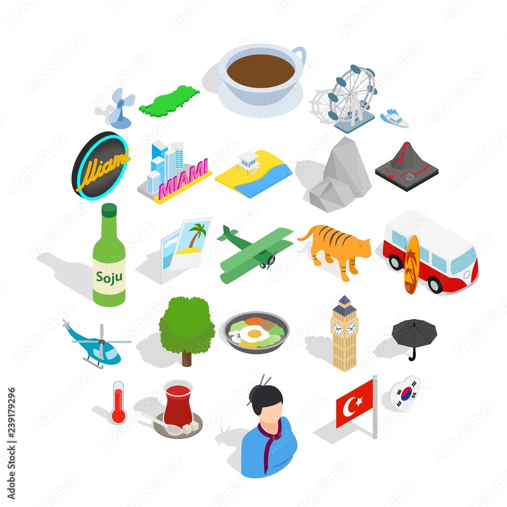 Aufkleber discovering new place icons set. isometric set of 25 discovering new place vector icons for web isol