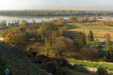 Panoramic sunset view of Belgrade Fortress, Kalemegdan Park, Sava and Danube Rivers in city of Belgrade, Serbia