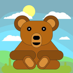 Obraz na płótnie Canvas Teddy bear in cartoon flat style on the background of meadows, sun and clouds.