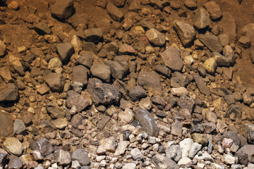 lakeside beach details with sand, rocks and blur background