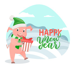 Greeting Card with Pig Wishing Happy New Year