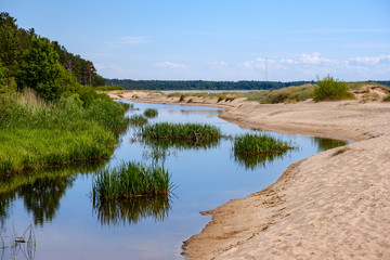 Fototapeta na wymiar lakeside beach details with sand, rocks and blur background