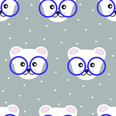Beautiful vector seamless pattern with cute christmas bear and winter snow on isolated gray background.