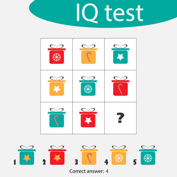 Choose correct answer, IQ test with christmas gift boxes for children, xmas fun education game for kids, preschool worksheet activity, task for the development of logical thinking, vector illustration