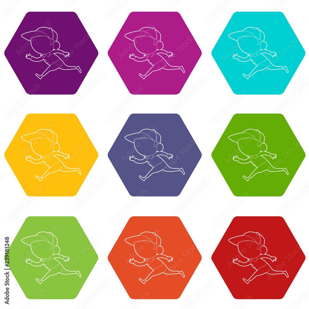 Poster running player icons 9 set coloful isolated on white for web