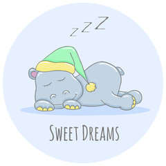 Cute cartoon sleeping baby animal hippo with sweat dreams text and round background.