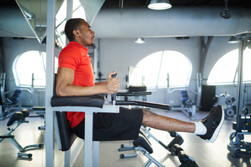 Young afroamerican sportsman practicing l-sit exercise on sports equipment in contemporary gym