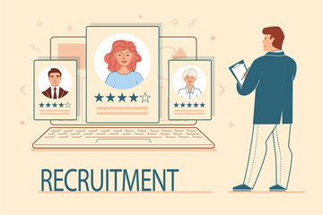 The concept of hiring. Recruitment agencies. Staff recruitment. Application for hiring an employee. Cv. Web page, banner, presentation. Vector illustration