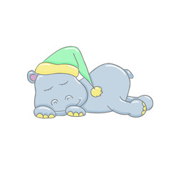 Cute cartoon sleeping baby animal hippo.