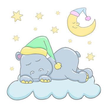 Cute cartoon sleeping baby animal hippo on a cloud with moon and stars in background.