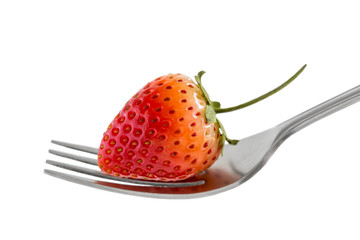 Strawberry on fork isolated on white background which fresh juicy ripe red for dessert and food concept.