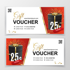 Vector gift voucher template for department stores, business. Clean vector design, black gold design elements. on white red background. 25 dollars.