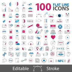 Fototapeta na wymiar 100 Flat Line Icons Collection - Outline Styled Symbols - Editable Strokes - Vector Illustrations - Isolated On White Background