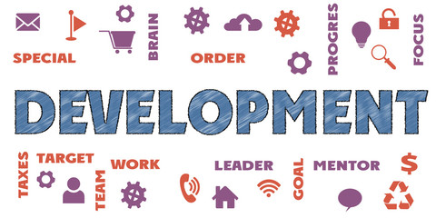 DEVELOPMENT Panoramic Banner with icons and tags, words. Hi tech concept. Modern style
