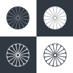 Set of sixteen petal chrysanthemum icons. The coat of arms of the Imperial family. Informal symbol of Japan. Vector illustration.