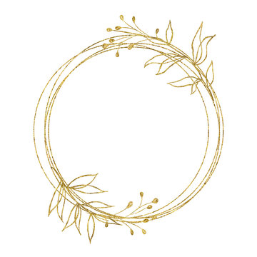 Gold Geometrical Round Oval Frame With Flower Leaves Isolated On White Background