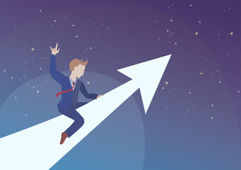 Obraz premium Successful businessman or startup is flying into space on top of an arrow