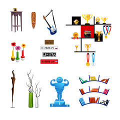 vector realistic set of decorations objects, icons furniture, decor, license plates books
