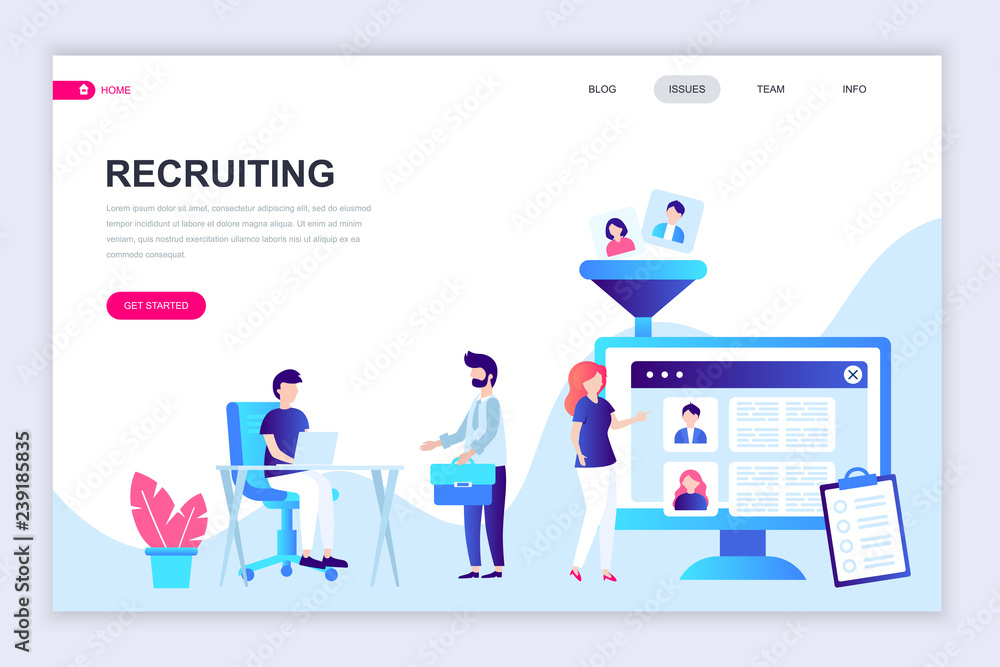 Poster modern flat web page design template of recruiting decorated people character for website and mobile