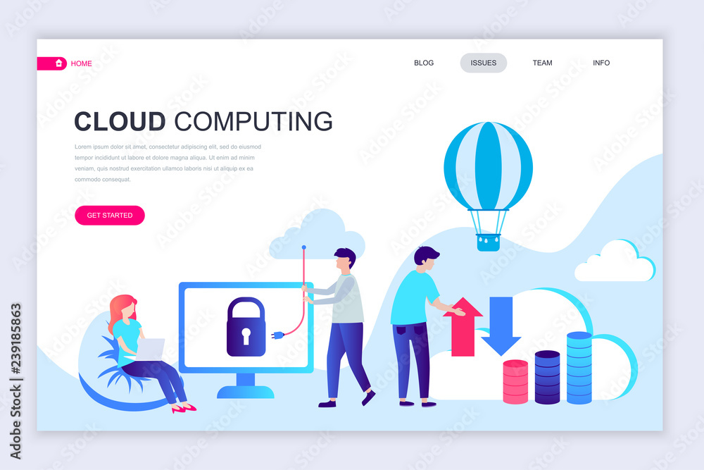 Wall mural modern flat web page design template of cloud technology decorated people character for website and 