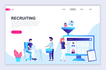 Fototapeta na wymiar Modern flat web page design template of Recruiting decorated people character for website and mobile website development. Flat landing page template. Vector illustration.