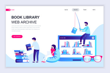 Modern flat web page design template of Book Library decorated people character for website and mobile website development. Flat landing page template. Vector illustration.